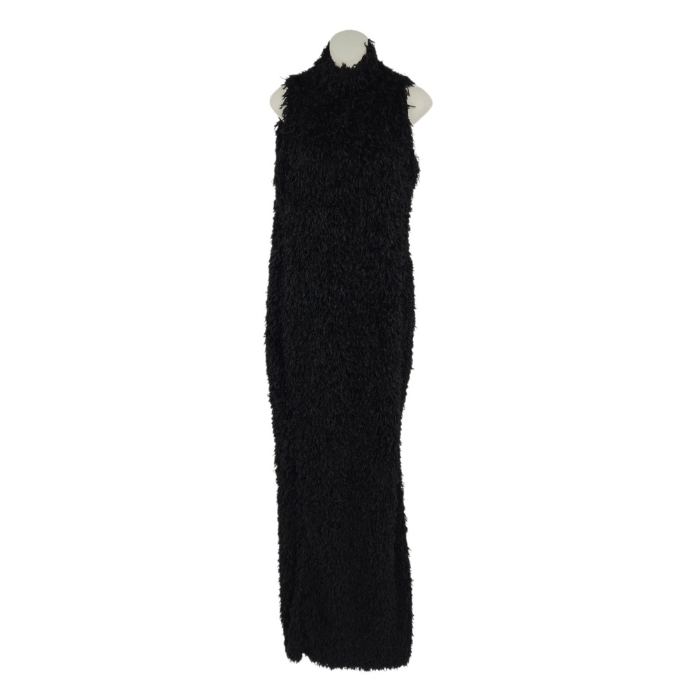 Coucoo Maxi Dress Womens XL Black Shaggy Feather Boa Mock Neck Sleeveless Gown - Picture 2 of 13